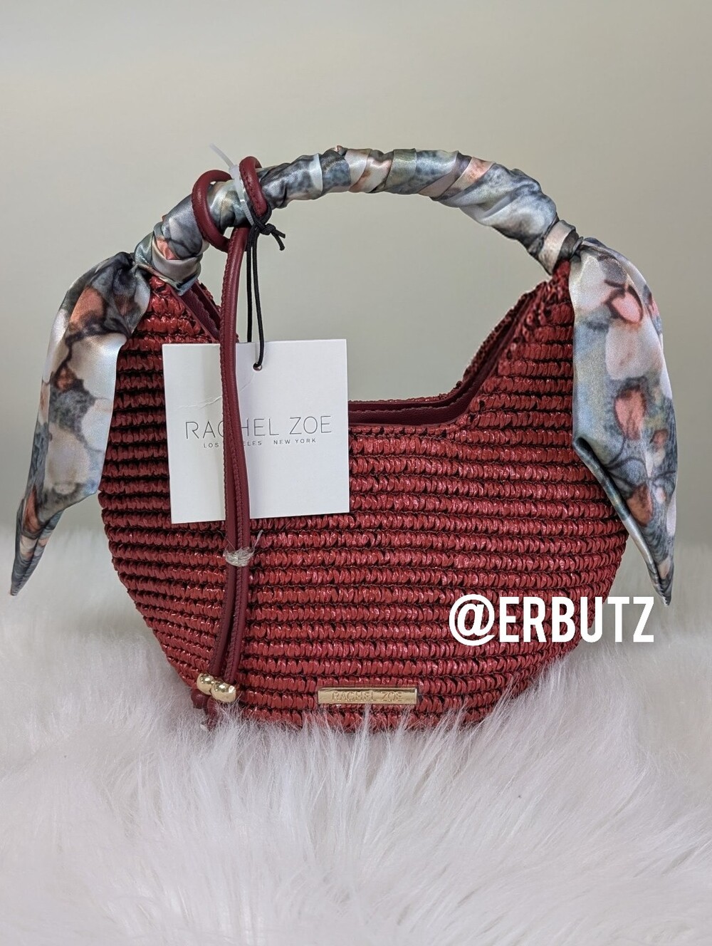 Rachel Zoe Raffia Handbag with Scarf Wrap Handle and Dangling Tassel Detail 🧣